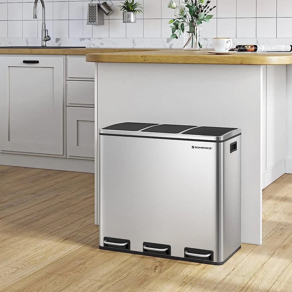 Odpadkový kôš, kôš na separovaný odpad, 54 litrov 3 x 18 L, strieborný