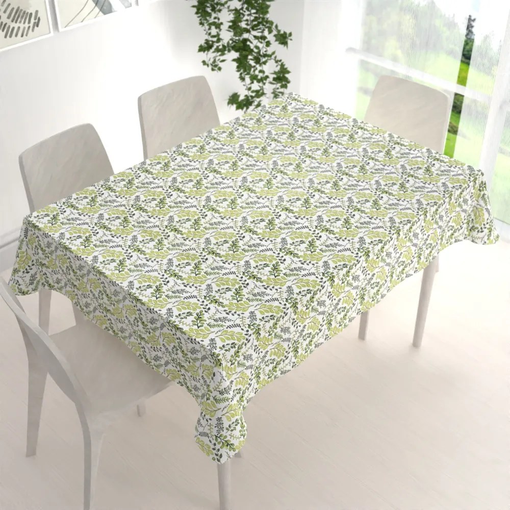 Biante Bavlnený obdĺžnikový obrus Sandra SA-426 Zelené vetvičky s lístkami na bielom 140x180 cm