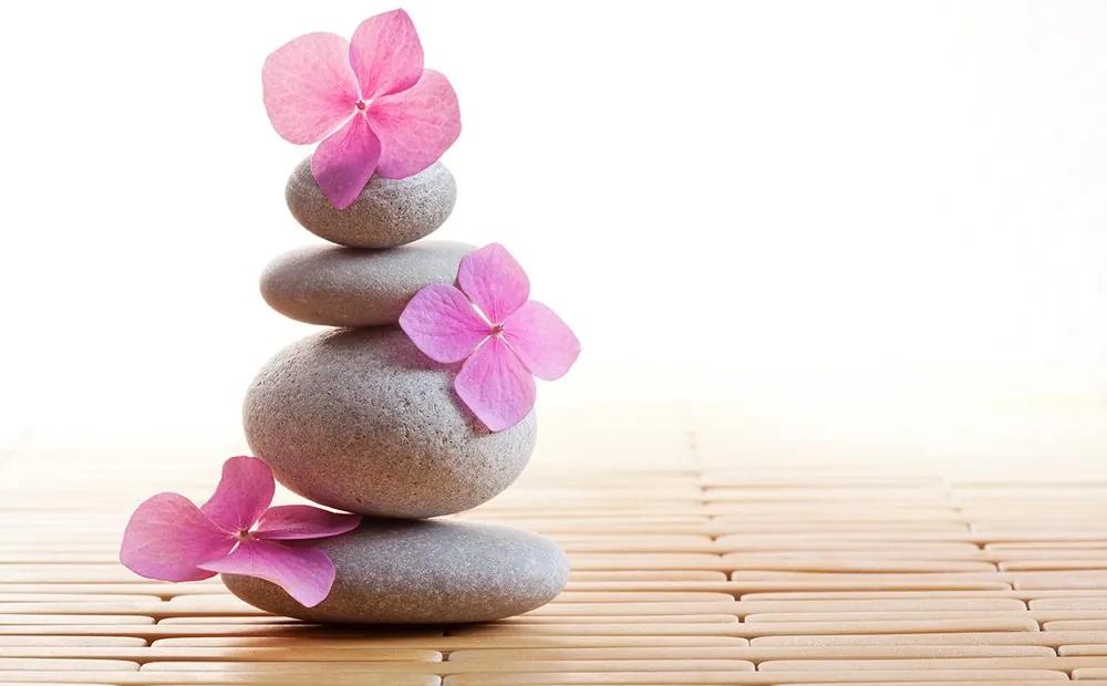 Fototapeta balans kameňov a ružové kvety