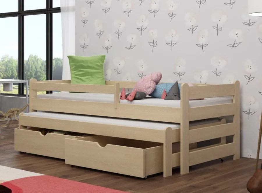 Detská posteľ z masívu borovice ALEX s prístelkou a šuplíky - 200x90 cm - PRÍRODNÁ BOROVICA