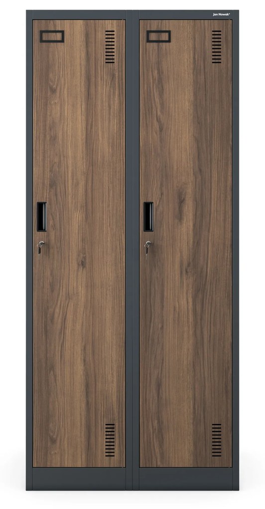 Kovová šatňová dvojmodulová skriňa na sokli s policou KACPER, 800 x 1800 x 500 mm, Eco Design: antracitová/ orech