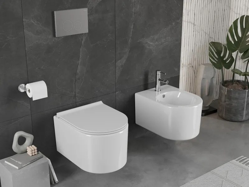 Mexen Sofia, závesná WC misa 490x360x355 mm, Rimless Tornádo + toaletné WC sedadlo z duroplastu, biela lesklá, 30540500