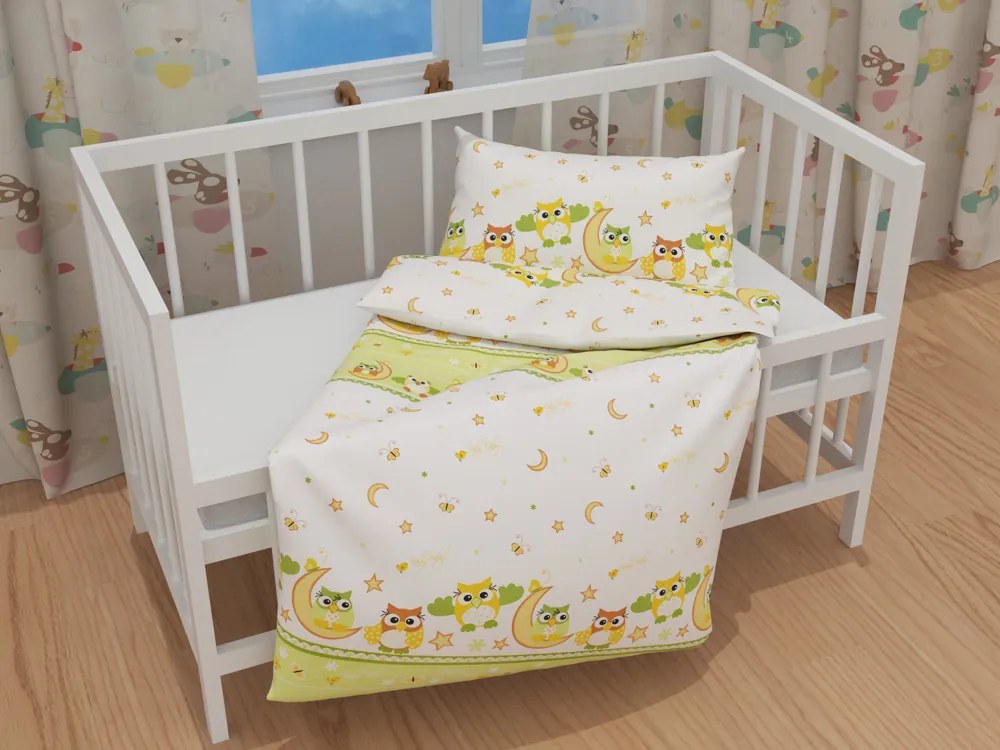 Biante Detské bavlnené posteľné obliečky do postieľky Sandra SA-594 Baby sovy zelené Do postieľky 100x135 a 40x60 cm