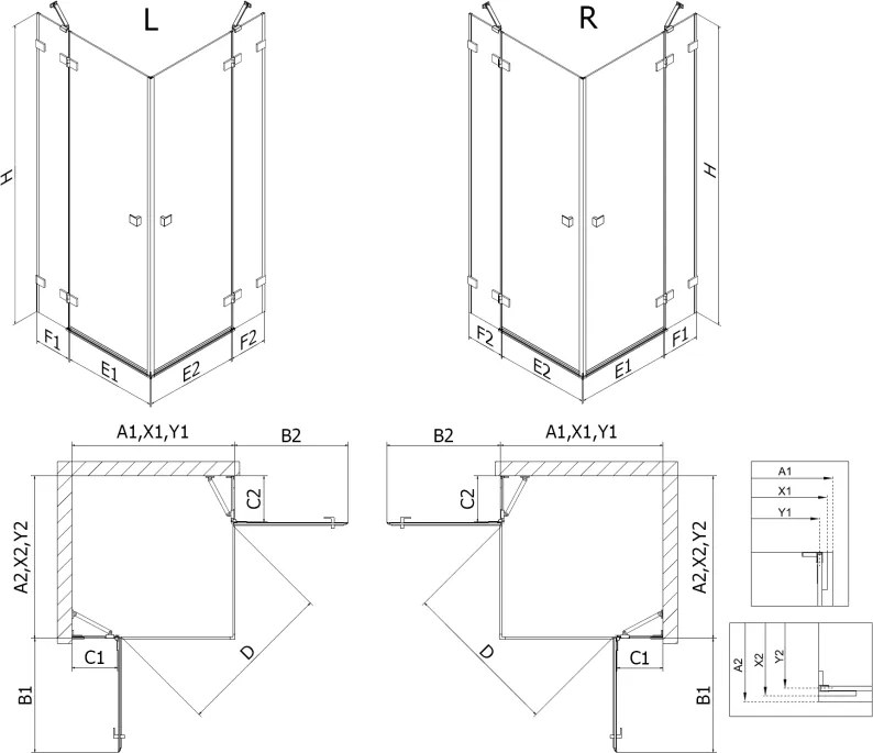 Mexen Lunar Duo, výklopný sprchový kút 100 x 100 cm, 8mm číre sklo, zlatý profil, 834-100L-100P-50-00