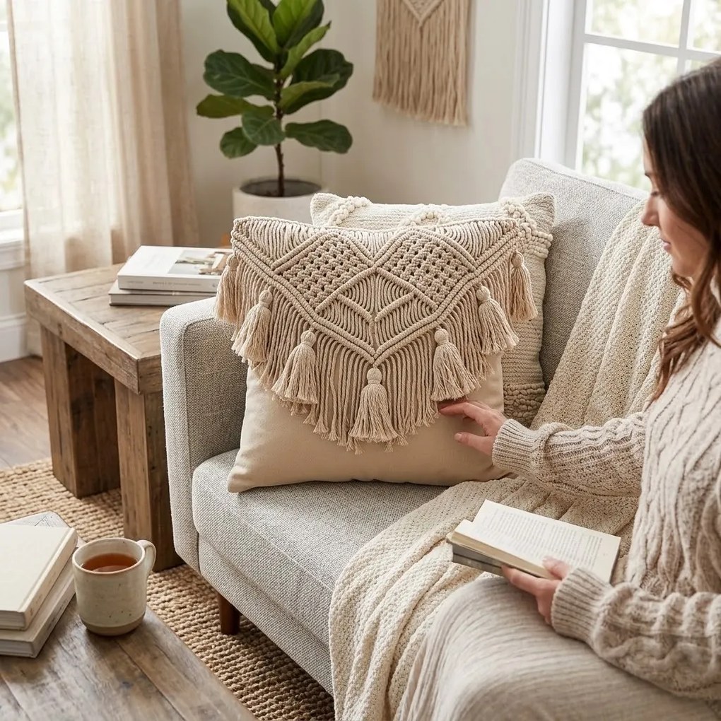 Béžový vankúš s drhaným vzorom a strapcami Macrame cosy - 45*17*45 cm