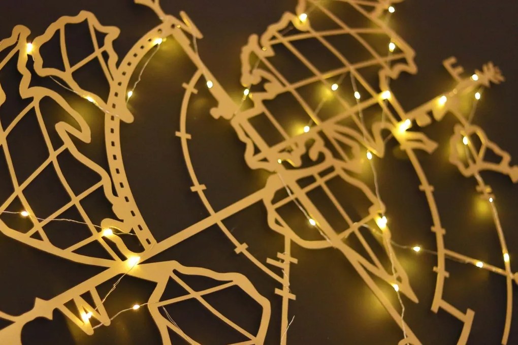 Nástenná dekorácia Svetová mapa Kompas Led zlatá