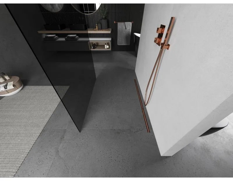 Mexen Kioto, sprchová zástena Walk-In 130 x 200 cm, 8mm šedé sklo, medený matný profil, 800-130-002-65-40