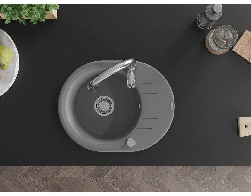 Mexen Kevin, granitový drez 586x458x190 mm, 1-komorový a drezová batéria Savita, šedá, 6517-71-672601-00