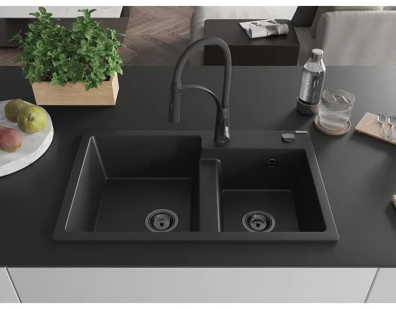 Mexen Tomas, 2-komorový granitový drez 800x500x190 mm a drezová batéria Aster, čierna, 6516-77-73450-70-B