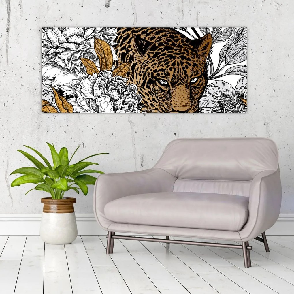 Obraz - Leopard medzi kvetmi (120x50 cm)