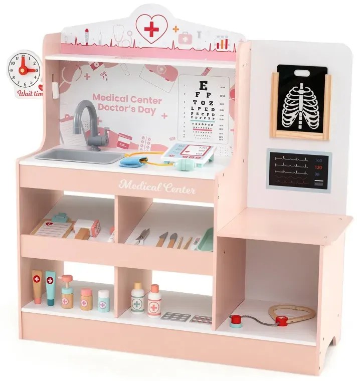Hračka do nemocnice so zdravotníckym vybavením a 24 doplnkami Drevená herná súprava Doktor ružová