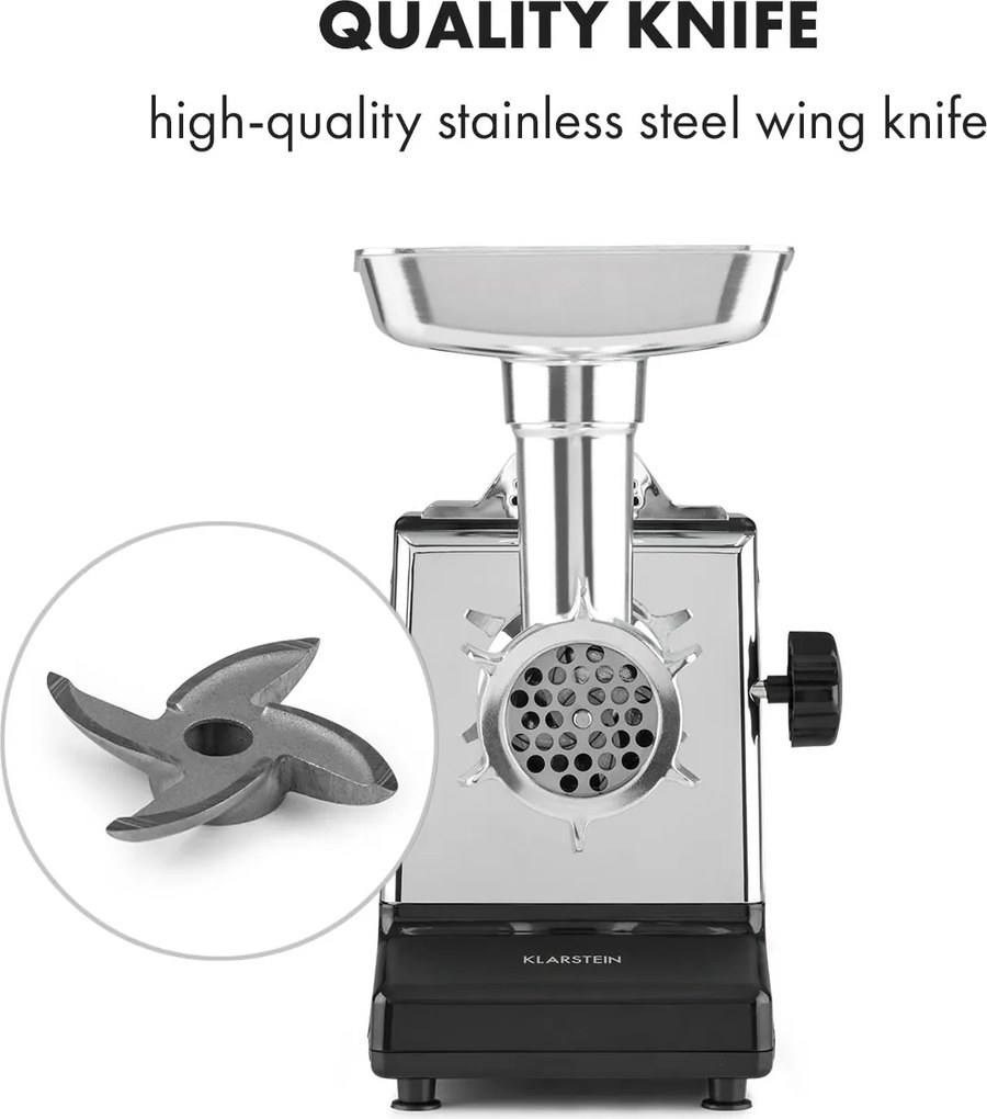 Klarstein Kraftprotz, elektrický mlynček na mäso, 700 W, medený motor, nehrdzavejúca oceľ, čierny