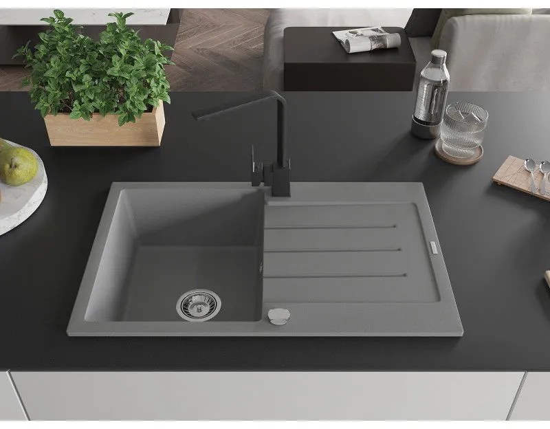 Mexen Bruno, drez granitový 795x495x200 mm, 1-komorový, šedá s chrómovým sifónom a čierna drezová batéria Rita, 6513-71-670300-70