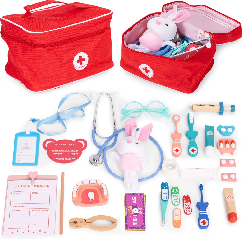 ECOTOYS Dřevěná lékařská sada ECOTOYS, 28 doplňků, lékařská taška, od 3 let