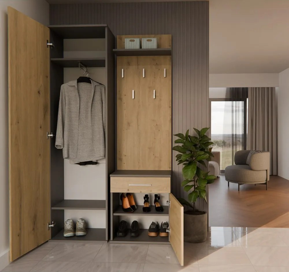 Predsieňová stena so zrkadlom a šuplíkmi DUO dub artisan/antracit