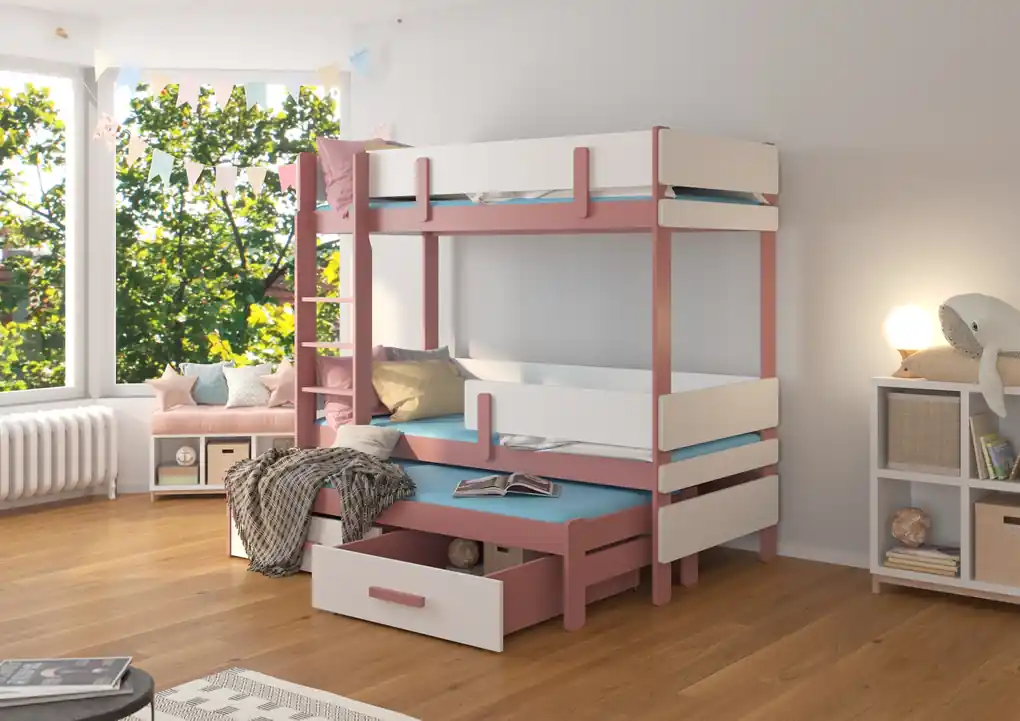 Poschodová posteľ pre 3 deti Ende, 200x90cm, ružová/biela | BIANO