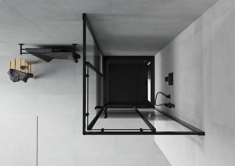 Mexen Rio, štvorcový sprchovací kút s posuvnými dverami 80(dvere) x 80(dvere) x 190 cm, 6mm číre sklo s pásikmi, čierny profil + čierna sprchová vanička SLIM, 860-080-080-70-20-4070B