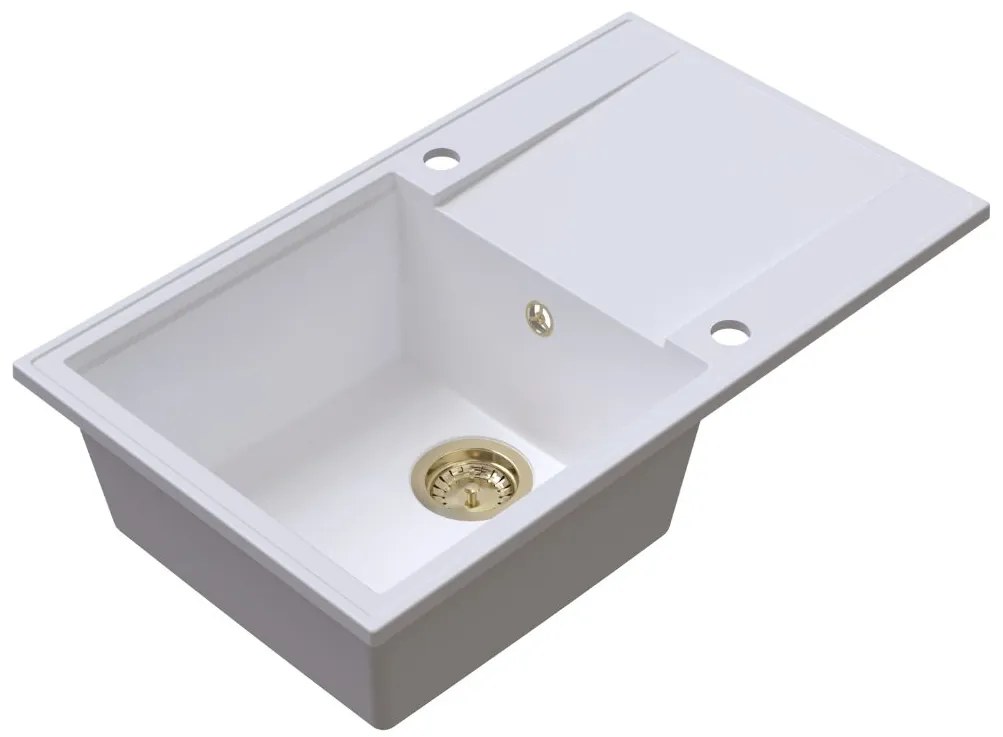Sink Quality Sink55, kuchynský granitový drez 780x460x215 mm + zlatý sifón, biela, SKQ-SINK.W.1KDOL.XG