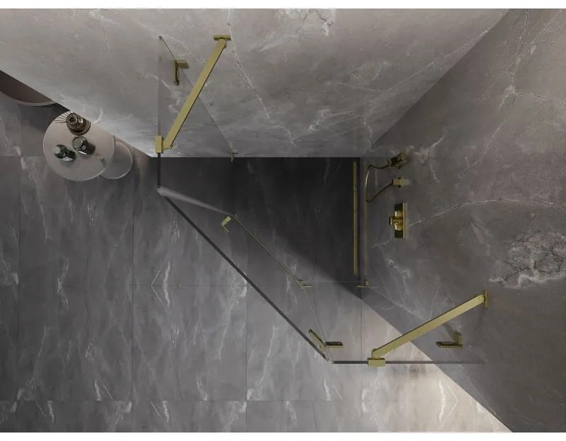 Mexen Lunar, päťuholníkový sprchový kút s pravým sklonom 90 x 90 cm, 8mm číre sklo, zlatý matný profil, 831-090P-090L-55-00-P