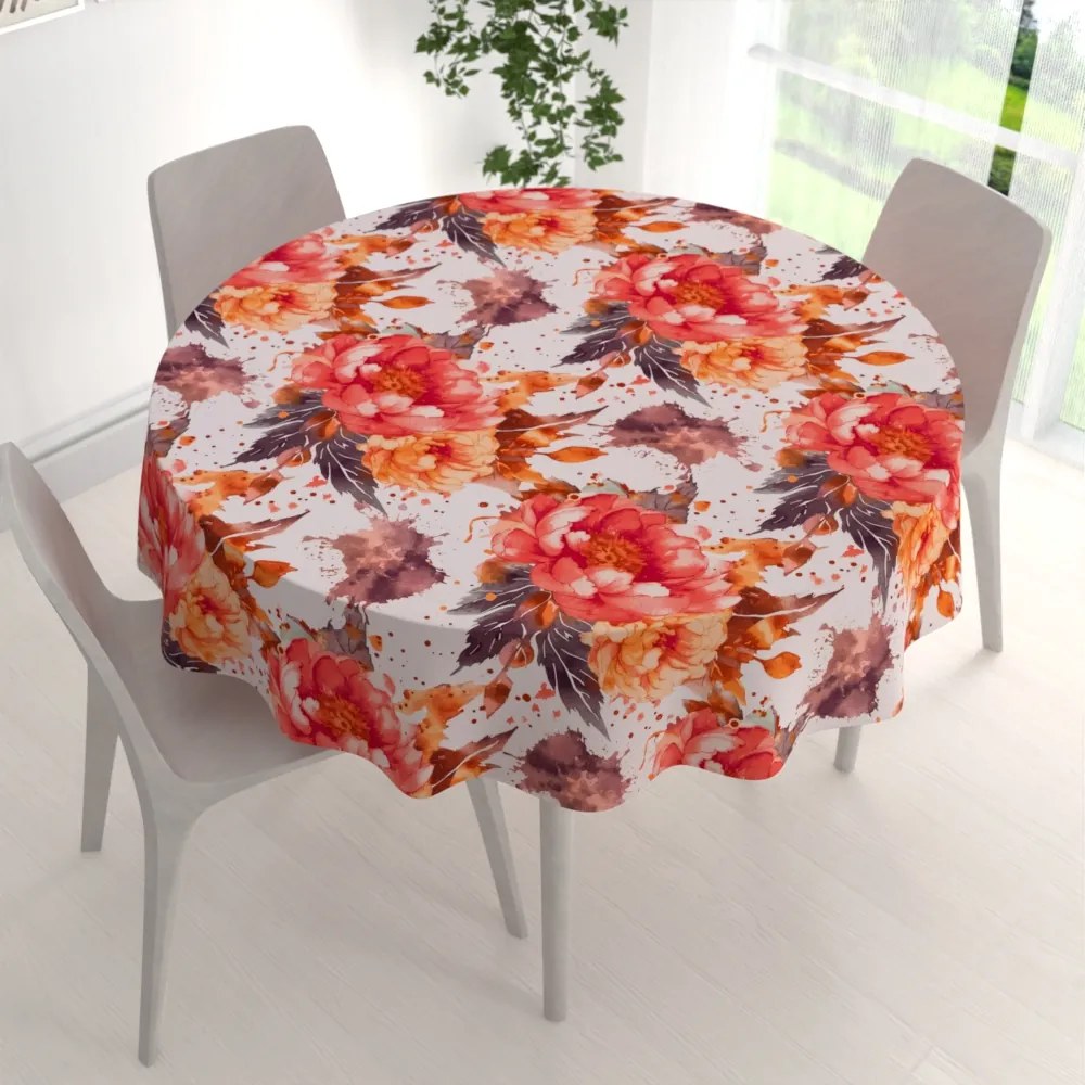 Biante Bavlnený okrúhly obrus Sandra SA-600 Veľké červeno-ružovo-oranžové kvety pivonky na bielom Ø 80 cm