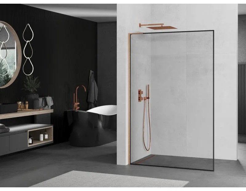 Mexen Kioto L, sprchová zástena Walk-In 100 x 200 cm, 8mm číre sklo čierny vzor, medený matný profil, 800-100-103-65-70