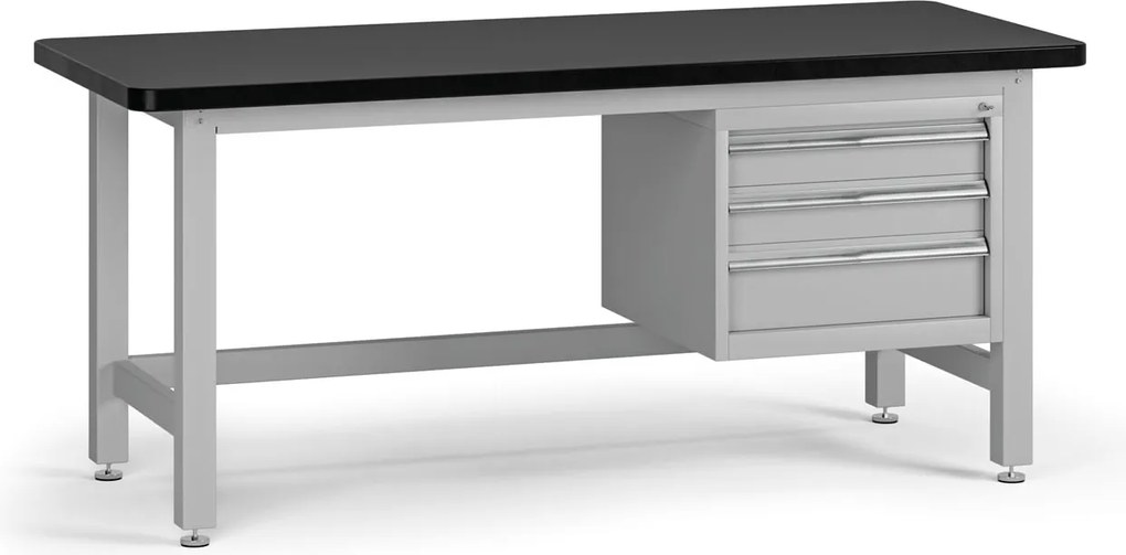 Pracovný stôl do dielne G4 so závesným boxom na náradie, MDF + PVC doska, 3 zásuvky, 1800 x 750 x 800 mm, sivá