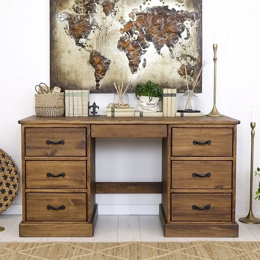 Rustikálny veľký pracovný stôl so 6 zásuvkami, 152x60x81 cm