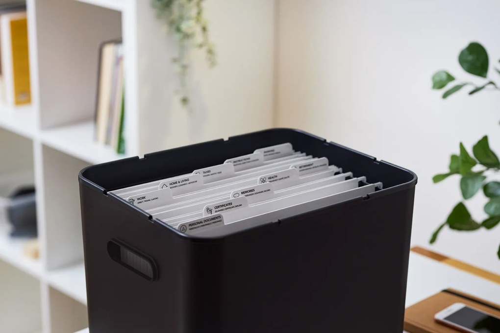 Rotho Úložný box na dokumenty na archiváciu + 10 závesných zakladačov, myPAPER BOX – čierny