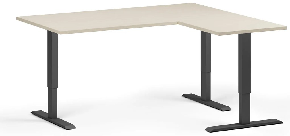 Výškovo nastaviteľný stôl, 160x140 cm, 3 motory, L/P, čierna podnož, breza