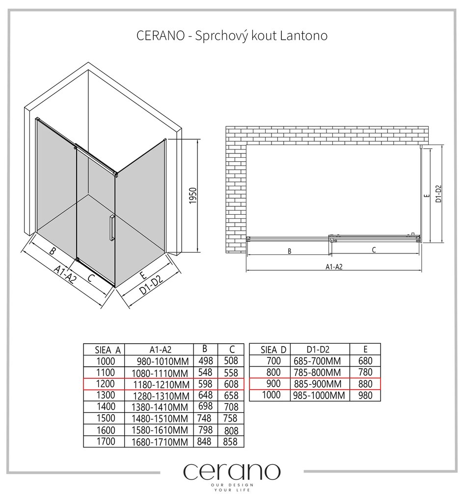 CERANO - Sprchovací kút Lantono L/P - 8 mm - čierna matná, grafitové sklo - 120x90 cm - posuvný, CER-CER-8050BD7521