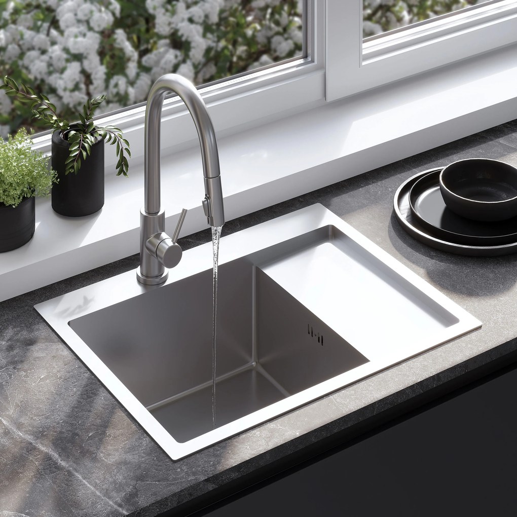 Rea Fin, 1-komorový oceľový drez 620x480x185 mm, brúsená oceľ, ZLE-06012