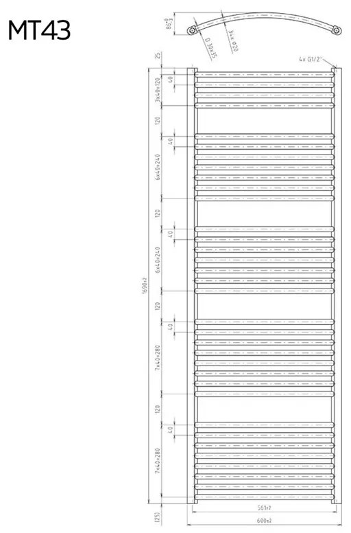 Mereo, Vykurovací rebrík 450x1690 mm, oblý, biely, MER-MT33