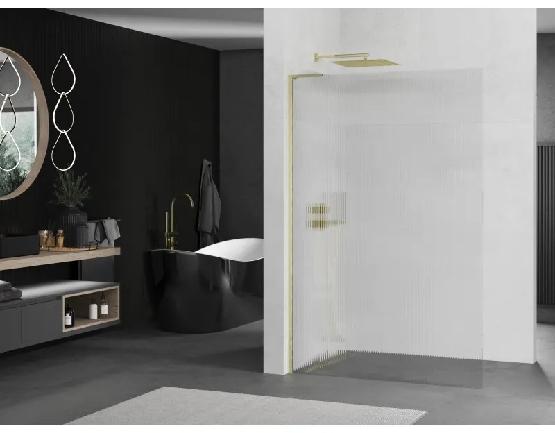 Mexen Kioto L, sprchová zástena Walk-In 70 x 200 cm, 8mm sklo s rebrovým vzorom, zlatý matný profil, 800-070-103-55-09