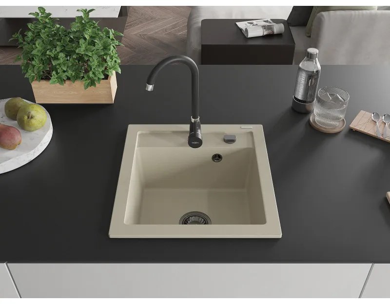 Mexen Vito, 1-komorový granitový drez 520x490x210 mm, čierna batéria Telma, béžová, 6503-69-670200-70