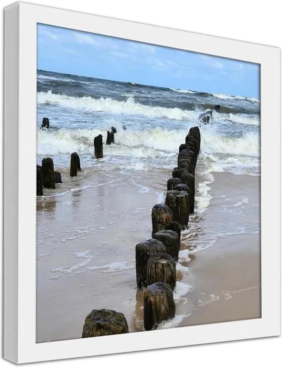 CARO Obraz v ráme - Breakwaters On The Beach 3 Biela 20x20 cm
