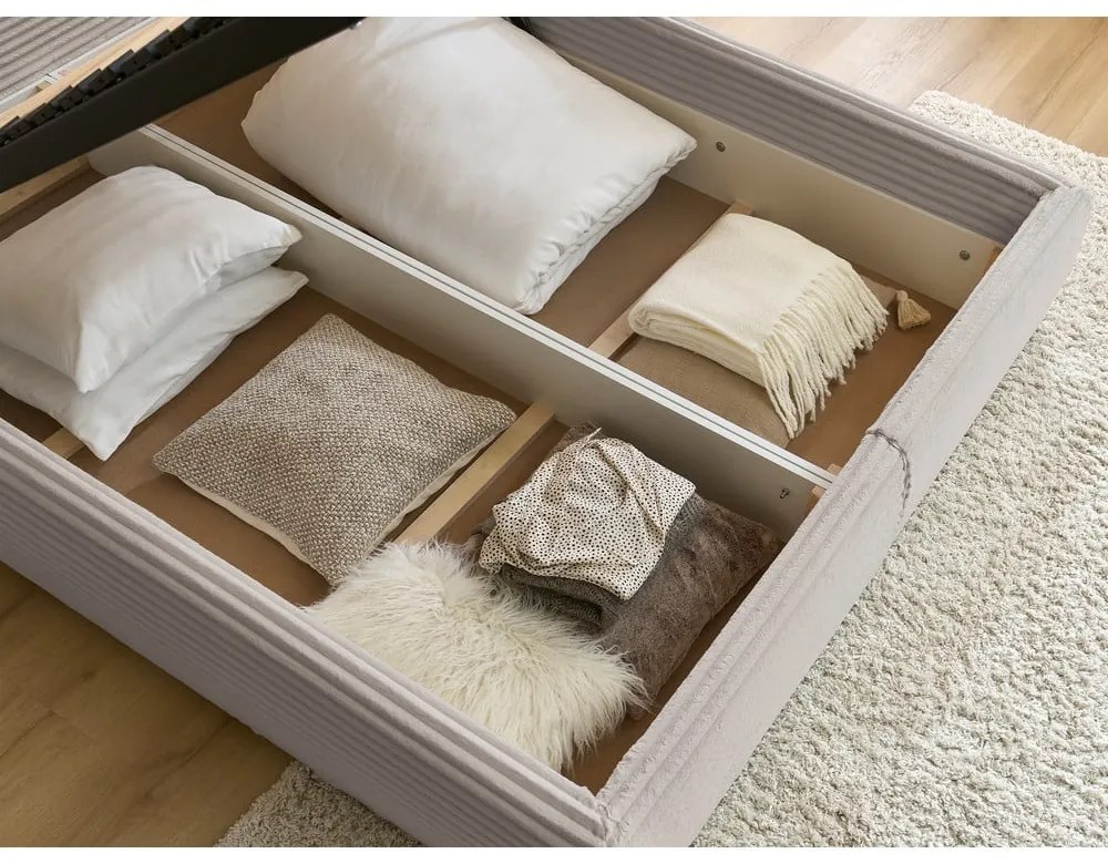 Béžová čalúnená dvojlôžková posteľ s úložným priestorom a roštom 180x200 cm Jade – Bobochic Paris