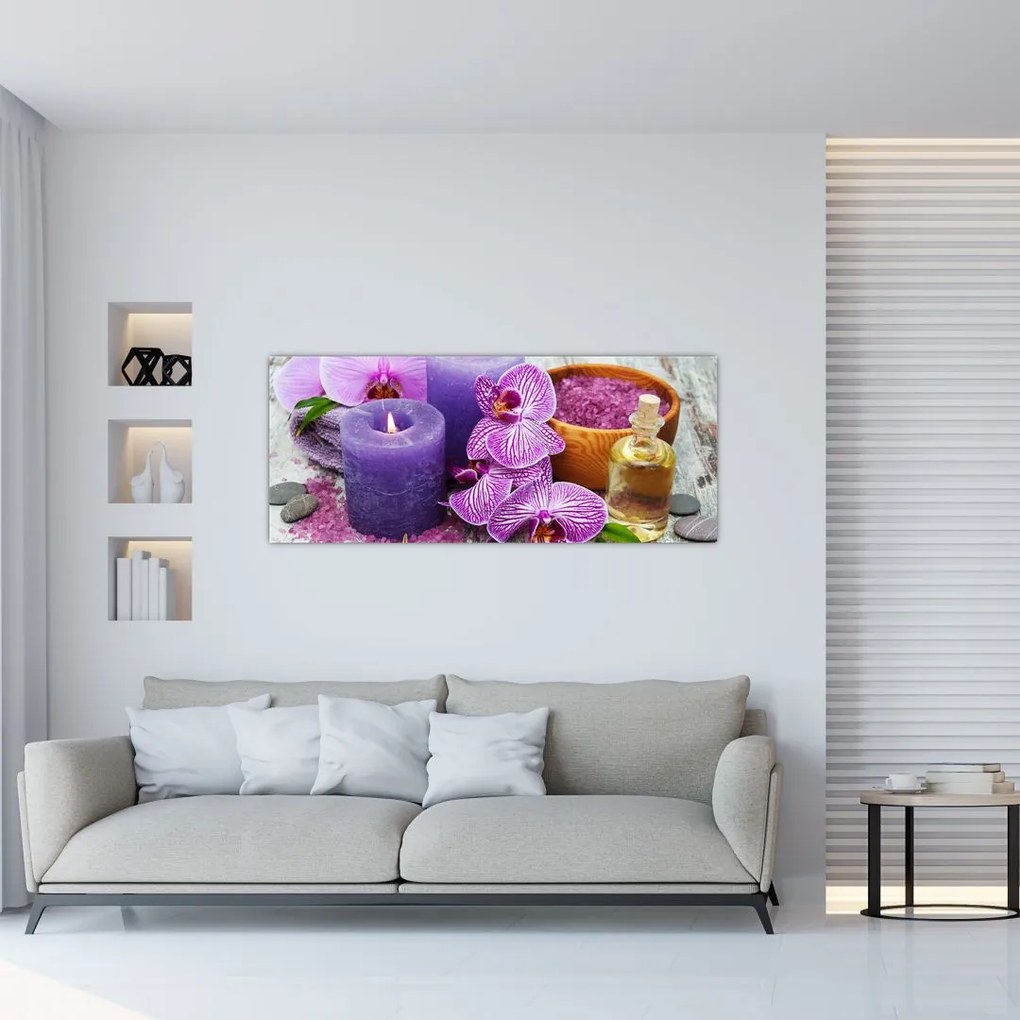 Obraz orchideí a sviečok (120x50 cm)