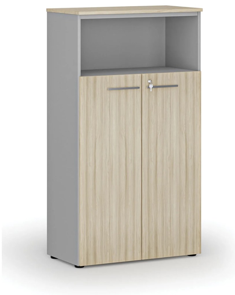 Kombinovaná kancelárska skriňa PRIMO GRAY, dvere na 3 poschodia, 800 x 420 x 1434 mm, sivá/dub prírodný