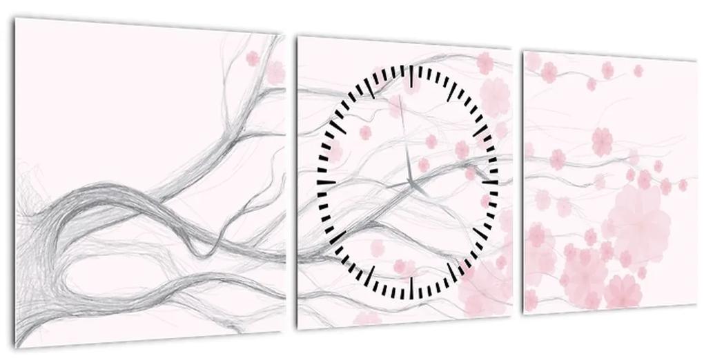 Obraz - Ružové kvety (s hodinami) (90x30 cm)
