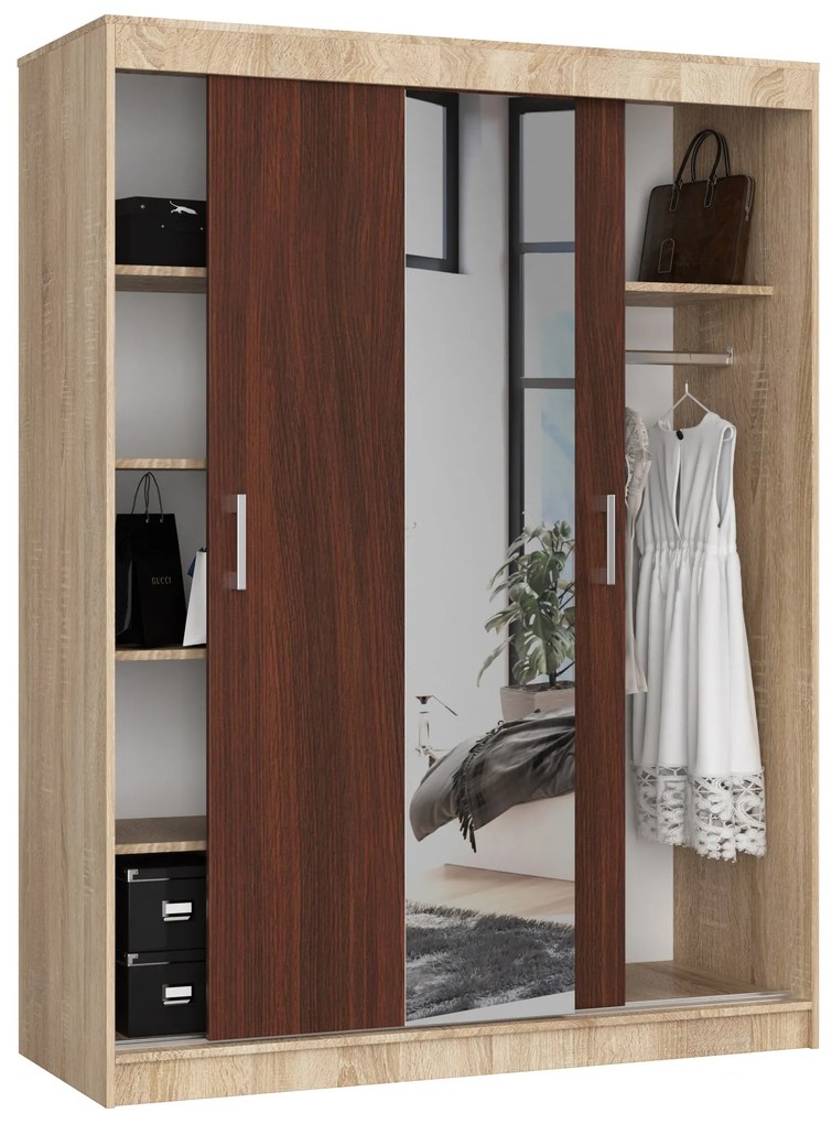 Šatníková skriňa Clotilde  (dub sonoma + wenge) (so zrkadlom). Akcia -19%. Vlastná spoľahlivá doprava až k Vám domov. 1069414