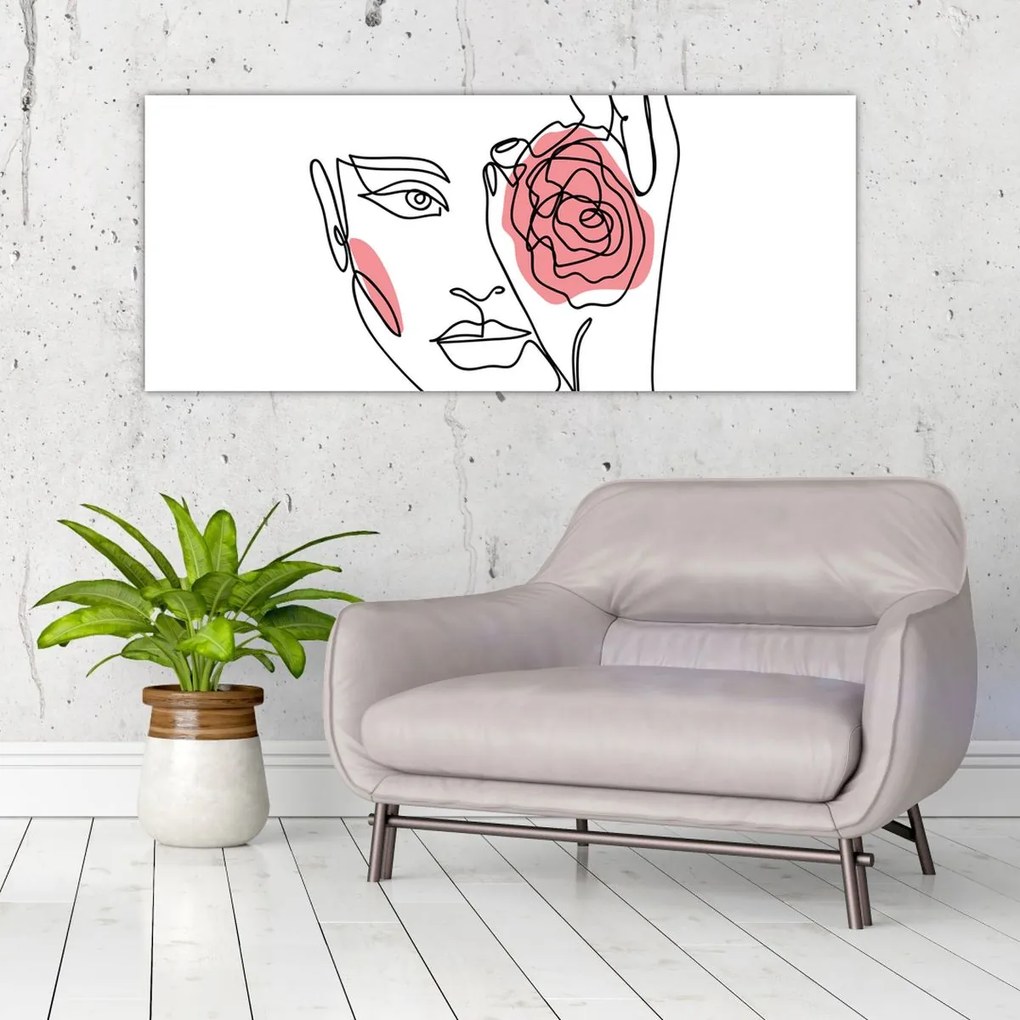 Obraz - Line art tvár s ružou (120x50 cm)