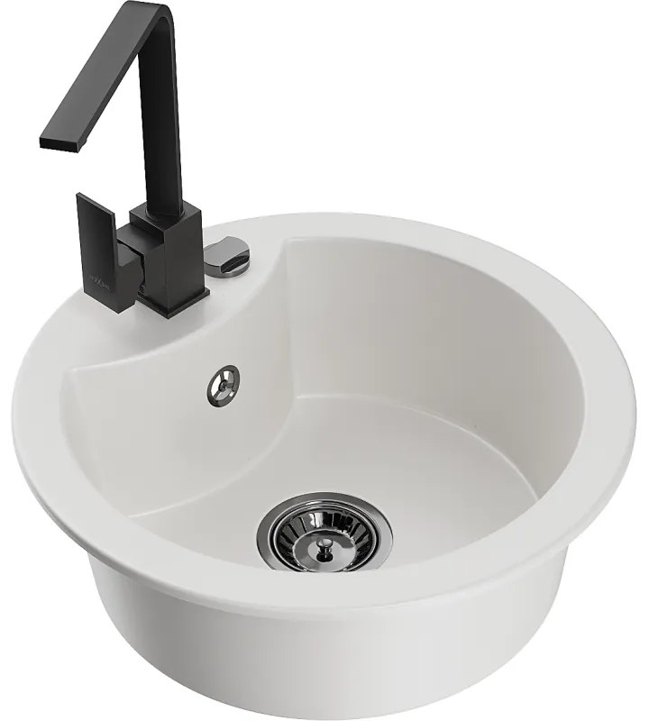 Mexen Diego, 1-komorový granitový drez 488x488x167 mm, čierny sifón, čierna matná batéria Rita, biela, 6512-20-670300-70