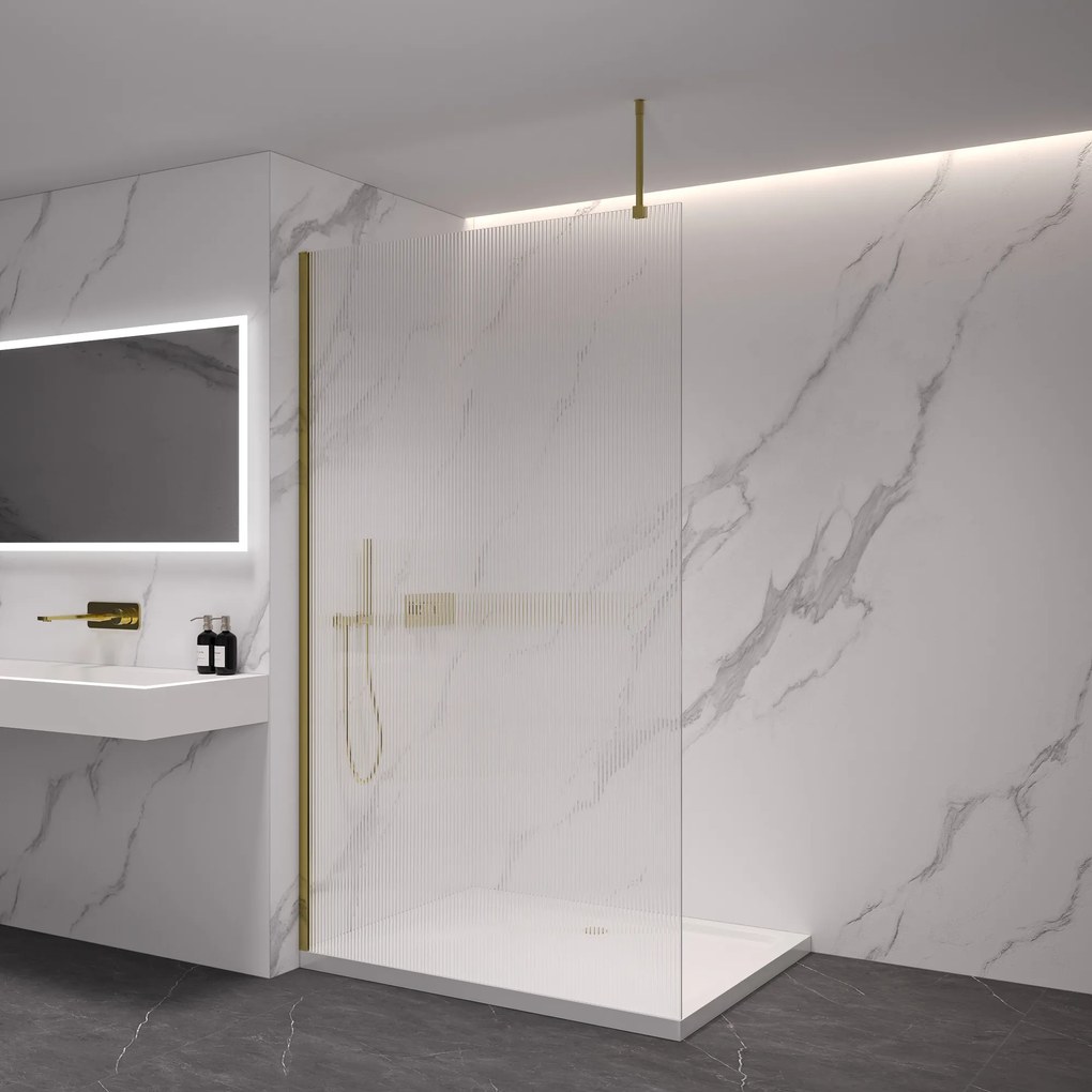 CERANO - Sprchová zástena Walk-in Onyx Top L/P - guľatá vzpera - zlatá kartáčovaná, ryhované sklo - 100x200 cm, CER-CER-8050BD1593