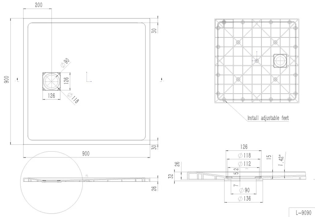Erga Hyper, SMC sprchová vanička 90x90x2,6 cm + sifón, béžová matná, ERG-V06-SMC-9090S-BG