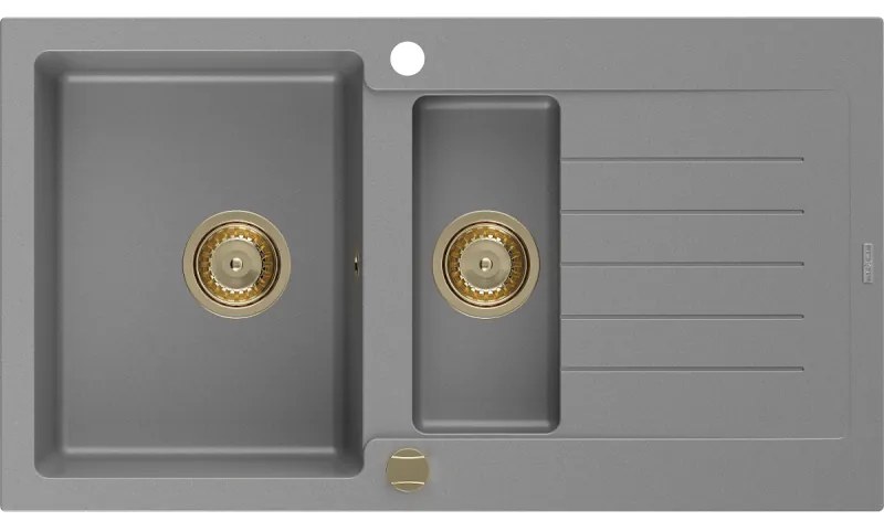 Mexen Matias - drez granitový 900x505x200 mm, 1,5-komorový, šedá so zlatým sifónom, 6502901505-71-G