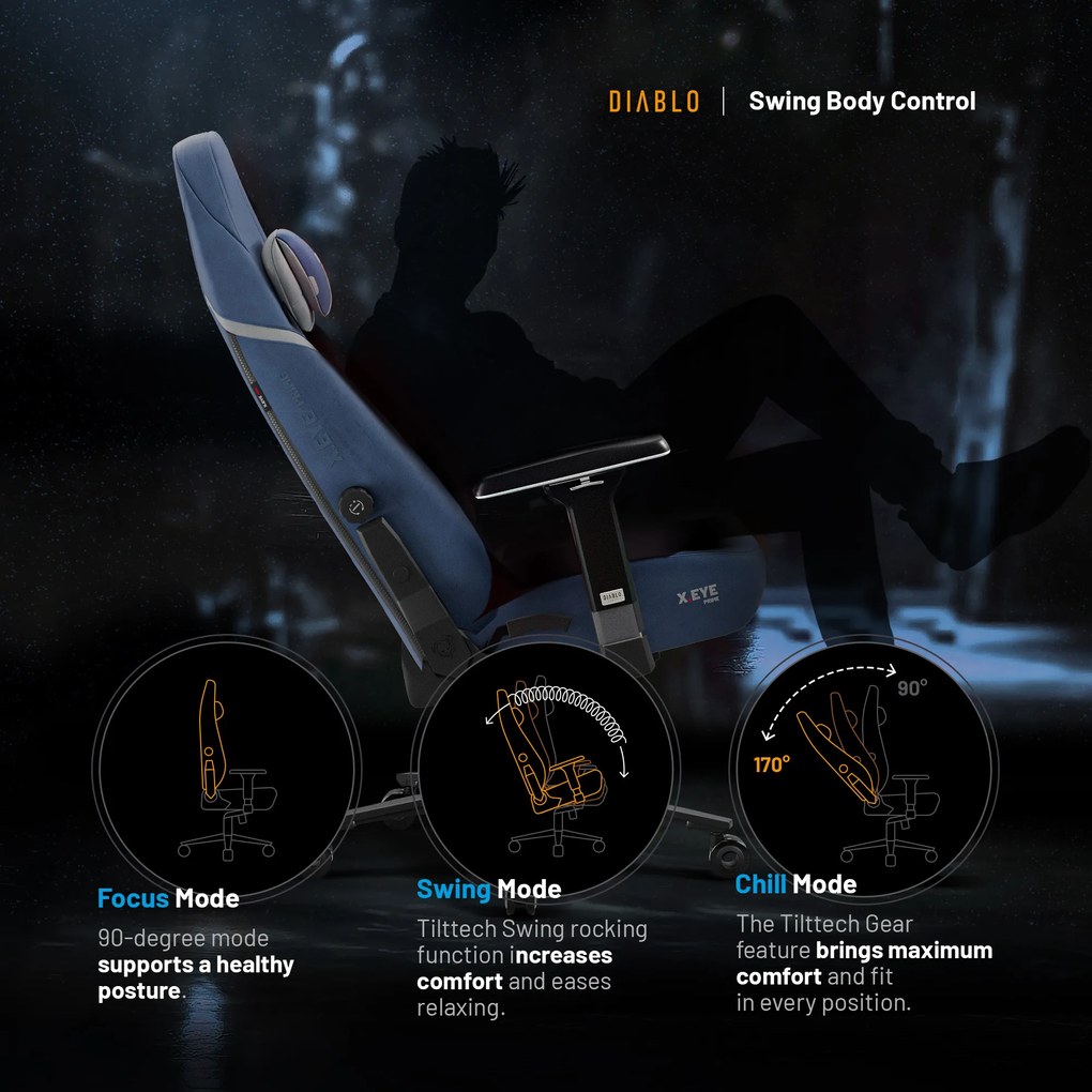 Modrá látková herná stolička Diablo X.Eye Prime Meta Ocean