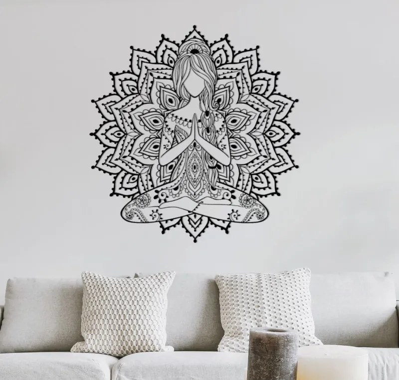 Drevená mandala joga žena – 3D obraz na stenu do obývačky | SENTOP PR0511
