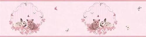 Detské vliesové bordúry Little Stars 35567-1, rozmer 5 m x 0,13 m, zajačik a mačiatko na ružovom podklade, A.S.Création