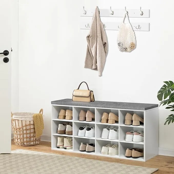 Predsieňový vešiak s botníkom a sedadlom Vasagle Jungo 100 cm biely/sivý
