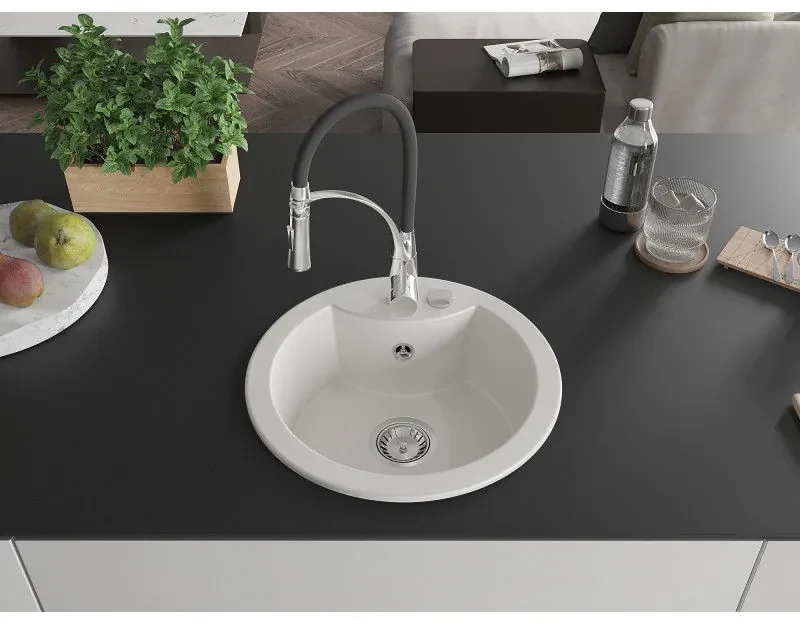 Mexen Diego, 1-komorový granitový drez 488x488x167 mm a drezová batéria Aster, biela, 6512-20-73450-07
